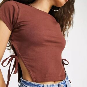 ASOS DESIGN Petite short sleeve t-shirt with side ties in chocolate Brown